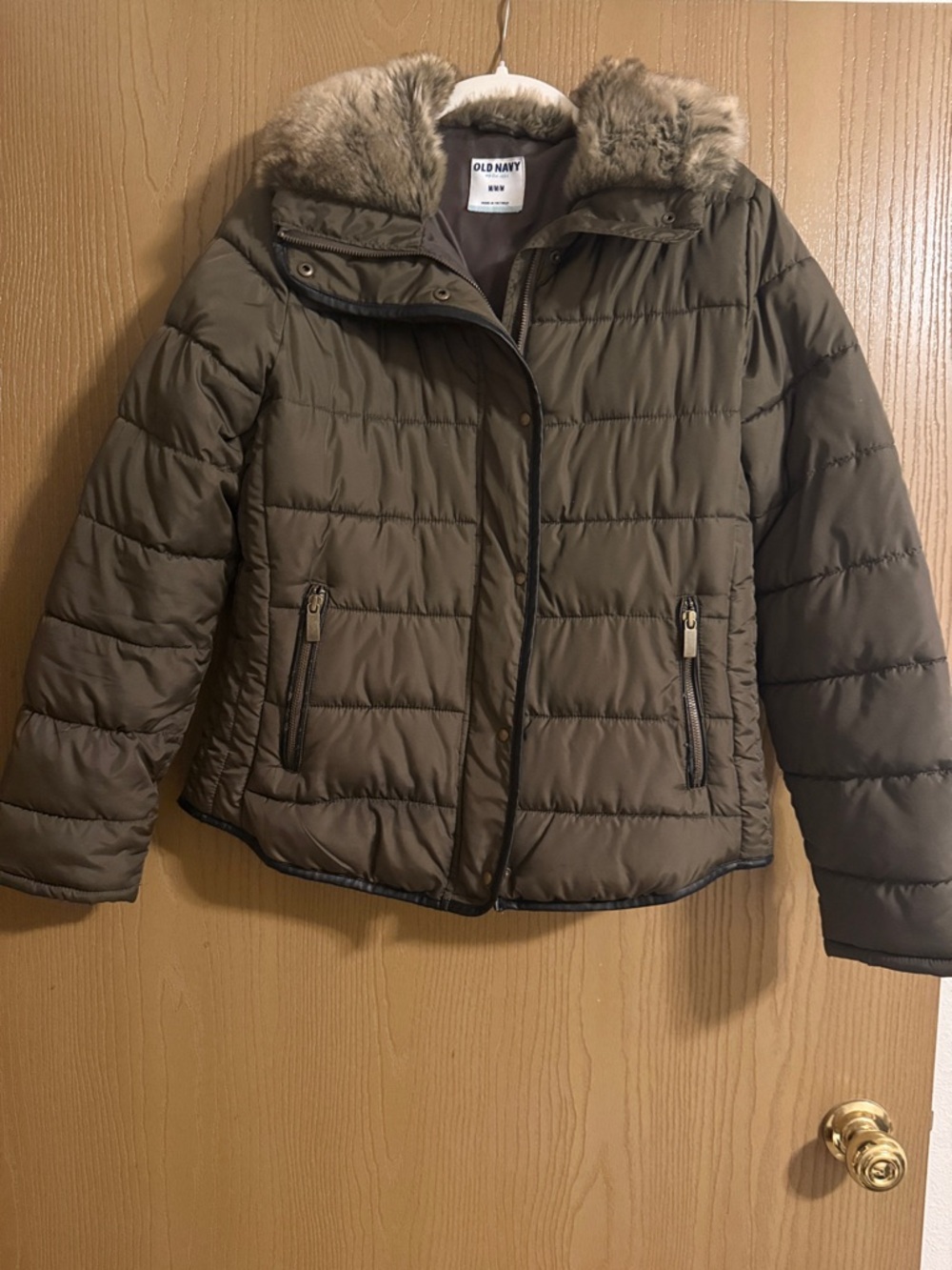 Old Navy Olive Green Puffer Jacket with Faux Fur Trim